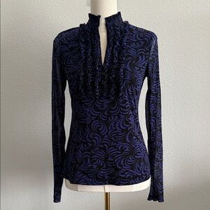 INC International Concepts Ruffle Sheer Blouse Blue Black Medium